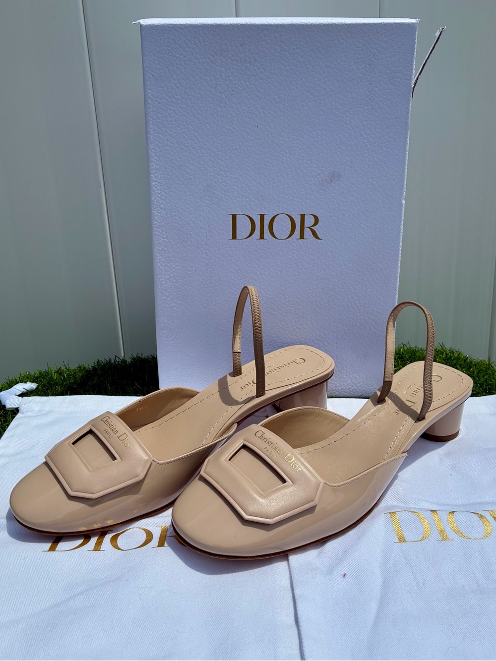 DIOR DAY SLING BALLERINA PUMP NEUTRAL BEIGE CALF PAT. LEATHER LOGO SZ 38.5 NEW - Picture 5 of 16